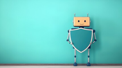 Friendly Robot Character with Shield on Vibrant Background
