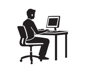 Businessman working on laptop. Working from home: remote job illustration. Computer desk setup a workplace icon.