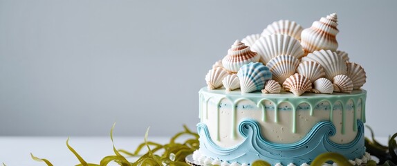 Obraz premium Delicious cake decorated with sea shells and ocean themed frosting.