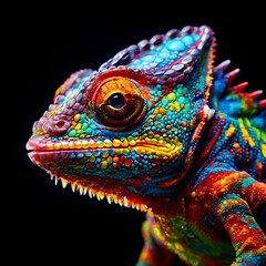 Obraz premium A vibrant and colorful chameleon with intricate patterns on its skin, set against a black backdrop.