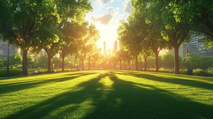 Obraz premium A bright sun casts long shadows across a green grassy field