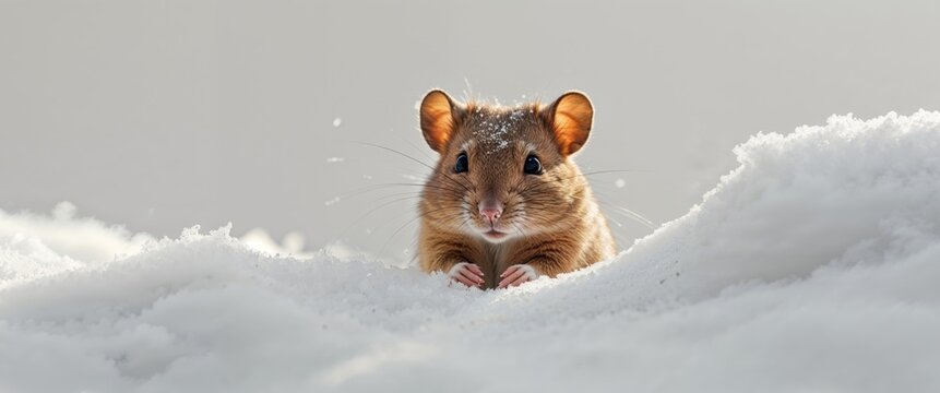 A small brown animal is peeking out from behind a snow bank.