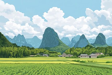 Serene Asian Rice Paddy Fields Landscape with Majestic Karst Mountains