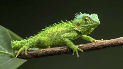 Obraz premium Green Lizard on Branch Closeup