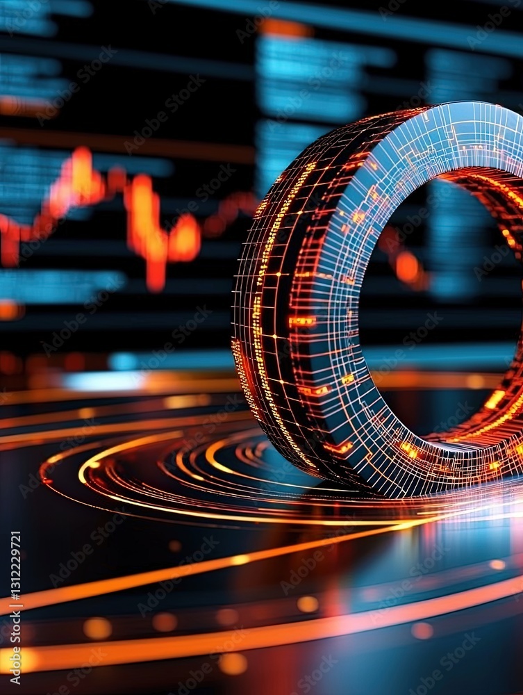 Poster digital data visualization with abstract circular shape and graph elements in high-tech environment