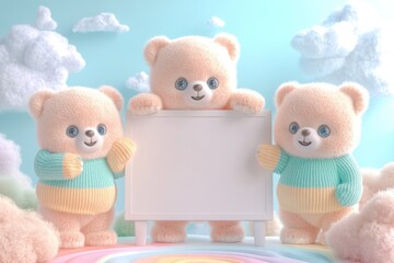 Three adorable teddy bears in pastel sweaters hold a blank sign in a dreamy, pastel sky.
