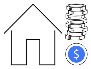 Outline of a house with stacked coins and a circular blue dollar icon representing real estate, saving, investing, cost management, mortgages, interest rates, budgeting. Flat simple metaphor