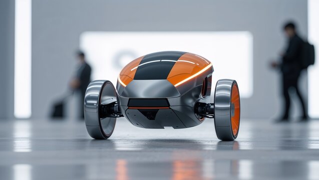 Futuristic robot with sleek design and orange accents showcased at technology exhibition