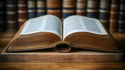 Obraz premium Open Law Book on Wooden Stand Amidst Books