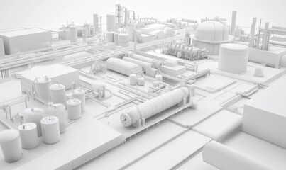 White industrial plant model, pipes, tanks, and infrastructure