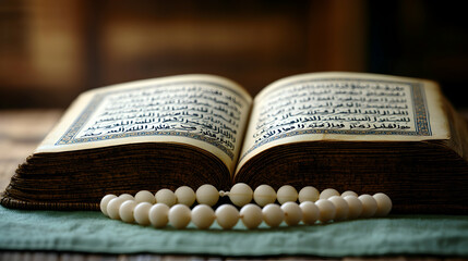 Open Quran book, beads, teal cloth