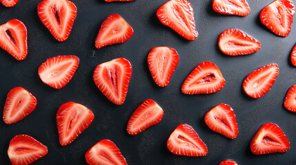 Sliced strawberries on dark surface: a vibrant fruit display