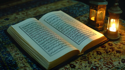 Obraz premium Open Quran, illuminated by lanterns, on a carpet