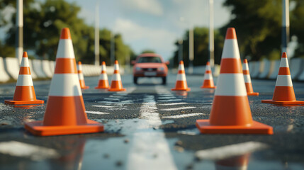 Car with Traffic cones in road, driving licence exam