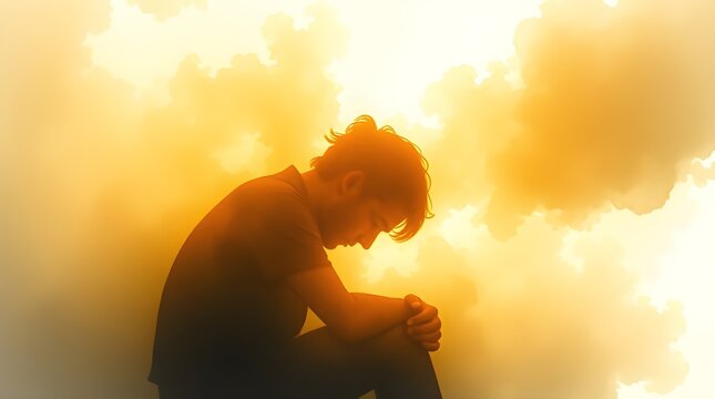 Silhouette of a young man depressed, sad and experiencing severe emotional distress, artistic illustration
