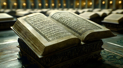 Obraz premium Open Quran on Ornate Stand in Grand Mosque