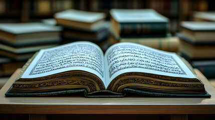 Open Quran on stand with books in background.