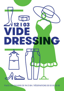 affiche mod&egrave;le pour un &eacute;v&egrave;nement de vente de v&ecirc;tements de seconde main, vide dressing, format A4 en deux couleurs avec des symboles repr&eacute;sentant la mode et les v&ecirc;tements