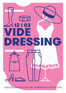 affiche mod&egrave;le pour un &eacute;v&egrave;nement de vente de v&ecirc;tements de seconde main, vide dressing, format A4 en deux couleurs avec des symboles repr&eacute;sentant la mode et les v&ecirc;tements