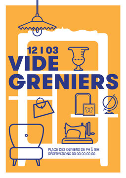 affiche pour une brocante, vide-grenier, vide garage, format A4 en deux couleurs avec des images repr&eacute;sentant des objets de seconde main, machine &agrave; coudre, d&eacute;coration, objets anciens, vintage, retro