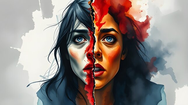Young beautiful woman experiencing splitting, psychology illustration