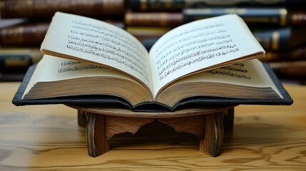 Obraz premium Open Quran on wooden stand with books in background. (1)