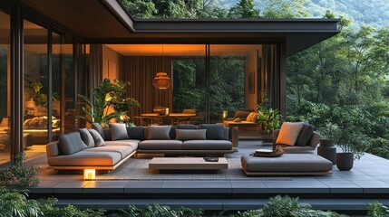 Modern luxury home interior design with forest view and furniture