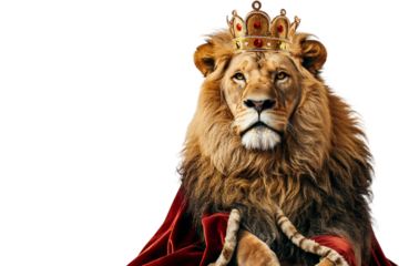 Lion showcasing a splendid velvet cape complemented by an embellished crown isolated on transparent background