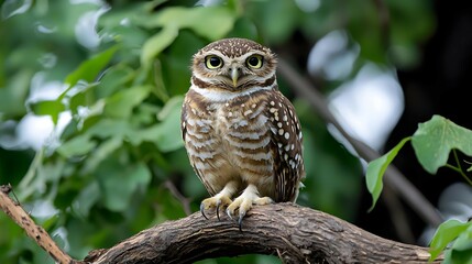 Obraz premium Small Brown and White Owl Perched on a Branch