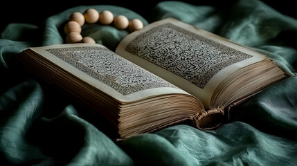 Obraz premium Open Quran, prayer beads, green cloth
