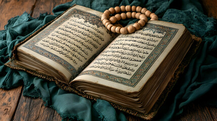 Obraz premium Open Quran, prayer beads on wooden surface, teal fabric