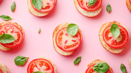 Naklejka premium Fresh tomato and basil bruschetta on pink background