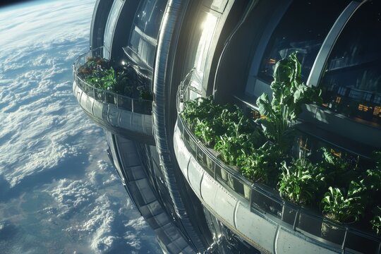 A Space Station in the Middle of the Earth A space station with bioengineered food production systems .