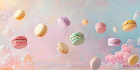 Levitating colorful macarons, light and delicate against a dreamy pastel backdrop