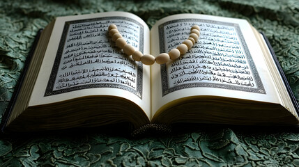 Obraz premium Open Quran with prayer beads on green fabric. (4)