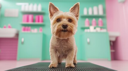 Pet Grooming concept. Cute dog in a colorful grooming salon setting.