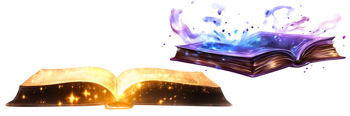 set of 2 magical open books isolated over transparent (white) background; concept of magic school, fantasy, books, fictional literature, power of reading, imagination & knowledge 