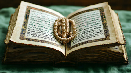 Fototapeta premium Open Quran with prayer beads resting on its pages.