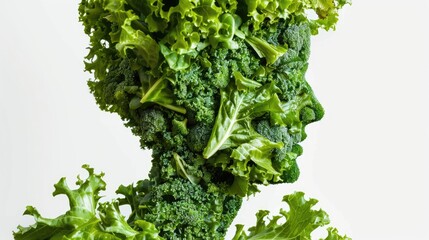 Obraz premium Human head silhouette formed from fresh green leafy vegetables and broccoli on white background