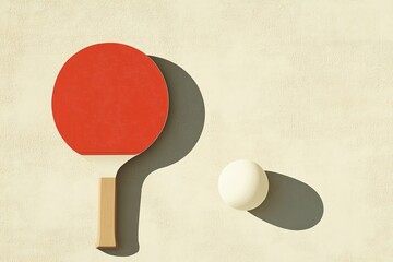 Minimalist Ping Pong Paddle and Ball on Beige Textured Wall
