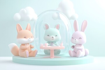 Three cute animal friends, a fox, bear, and bunny, enjoy tea time together under a protective dome.