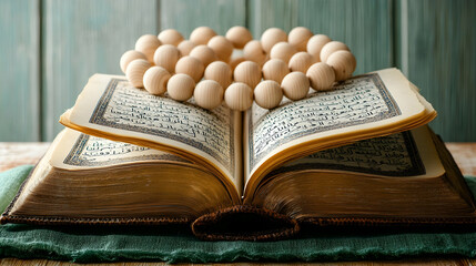 Open Quran with wooden prayer beads.