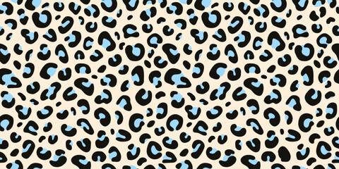 Leopard abstract seamless pattern with blue spots. Jaguar print. Cheetah spotted background. Animal print for fashion, textiles, print nails, wrapping paper, wallpaper. Hand drawn vector illustration.