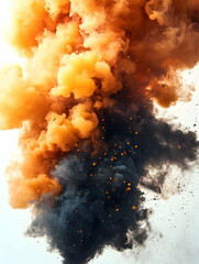 Orange and Black Smoke Explosion on White Background