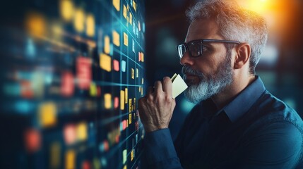 Professional man analyzing complex data visualization on a wall display in a modern office environment