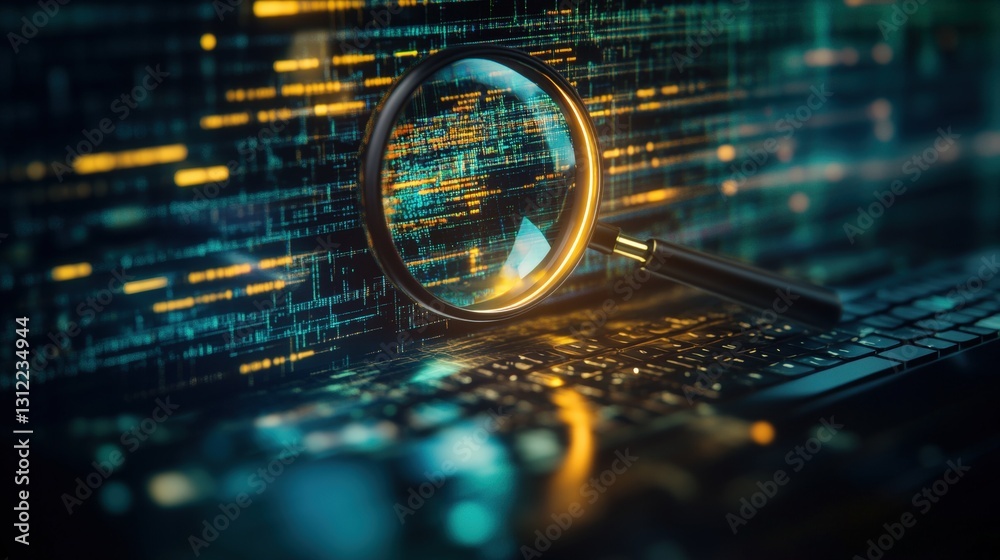 Poster magnified laptop displaying high-resolution image of another computer with detailed features in focu