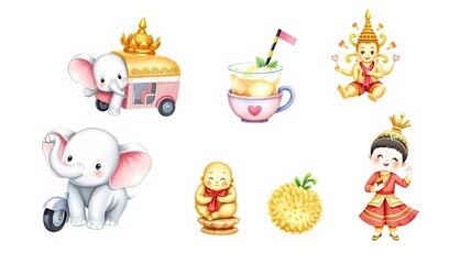 Fototapeta premium Cute Asian Elephants Baby Buddha Thai Drink and Children in Traditional Costumes