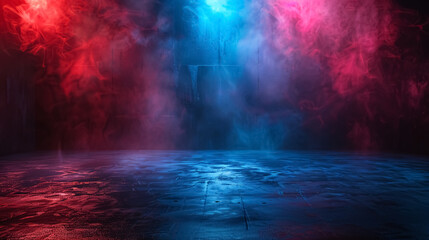 Fototapeta premium Dark empty space with blue and red neon spotlights, wet asphalt, smoke, and industrial rays. An abstract dark texture with copy space for mockup design.