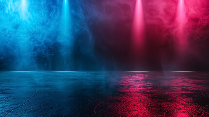 Fototapeta premium Dark empty space with blue and red neon spotlights, wet asphalt, smoke, and industrial rays. An abstract dark texture with copy space for mockup design.
