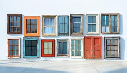 Assorted Colorful Windows Displayed Against a White Wall
